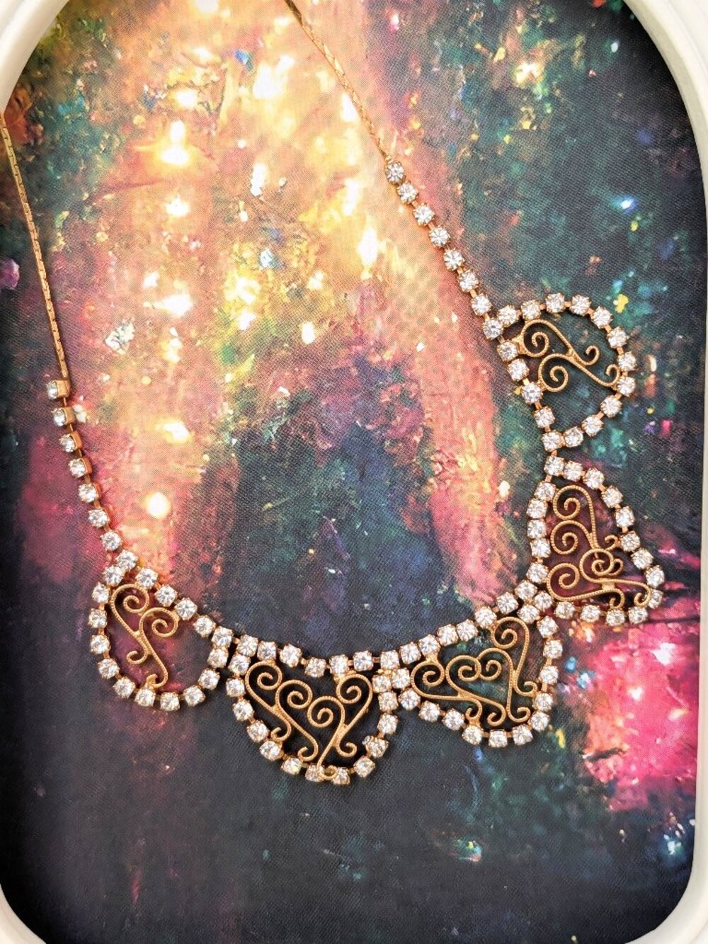 Vintage Rhinestone Scalloped Necklace with Scrollwork Details on Gold Tone Chain